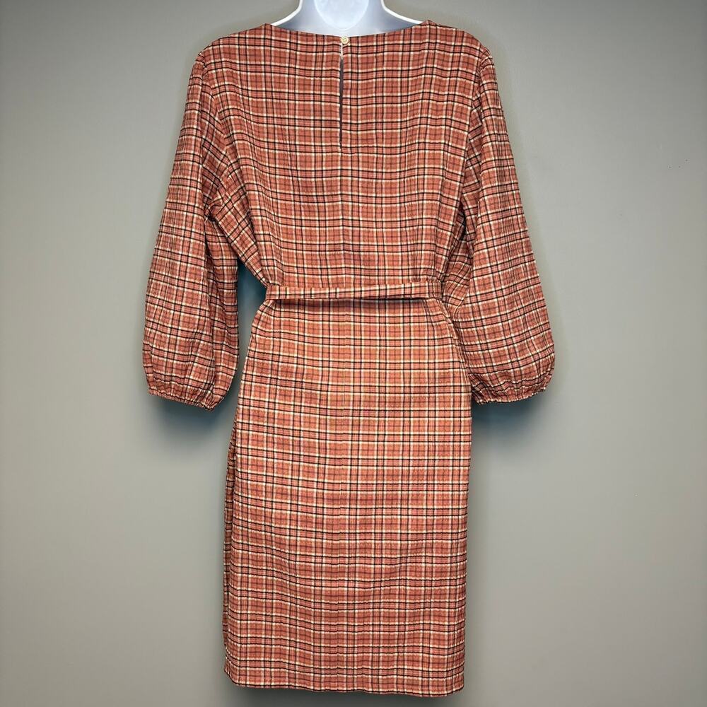 Loft Outlet Cottagecore Puff Sleeve Prairie Plaid Seersucker Belted Dress Sz L - Picture 4 of 6
